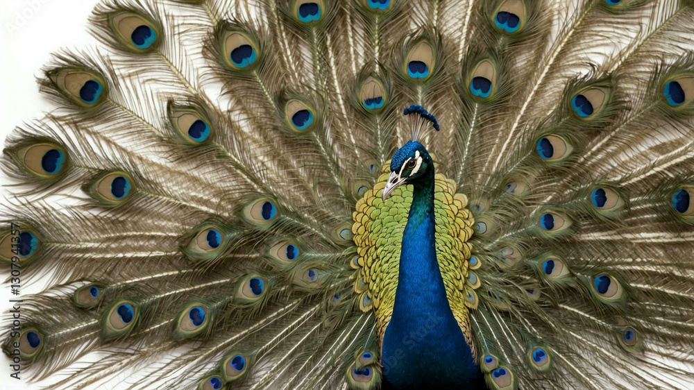 Obraz premium A striking close-up of a peacock, pavo cristalus, showing its exquisite, vibrant plumage with detailed eye spots