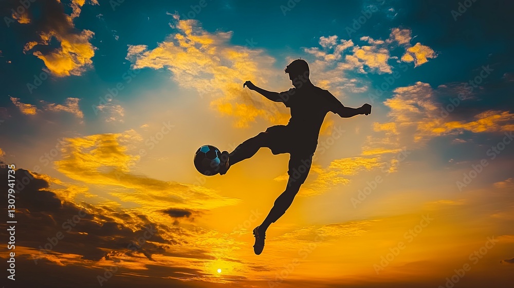 Naklejka premium Silhouetted Soccer Player's Sunset Kick: A Dramatic Sports Image