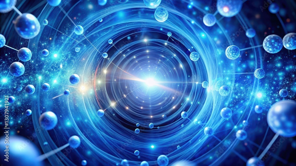 Obraz premium Glowing Blue Molecules in Cosmic Vortex, molecules, dark blue, molecules, dark blue, surreal, blue