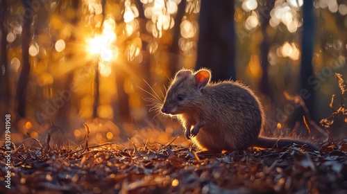 Adorable rat-kangaroo at sunset in forest. photo