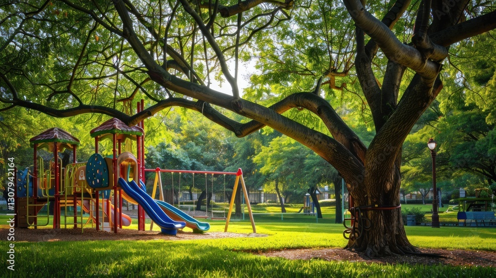 Colorful playground under the shade of a majestic tree in summer season Colorful playground under the shade of a majestic tree in summer season