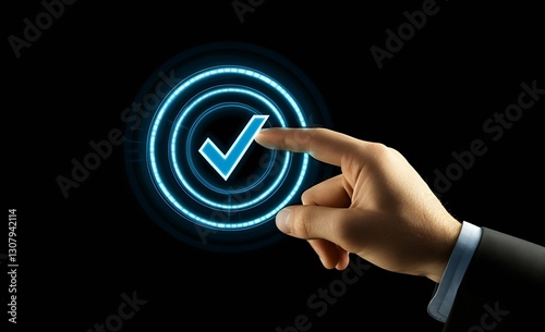 Business Hand Selecting a Blue Checkmark on a Technological Interface with Digital Elements : Generative AI