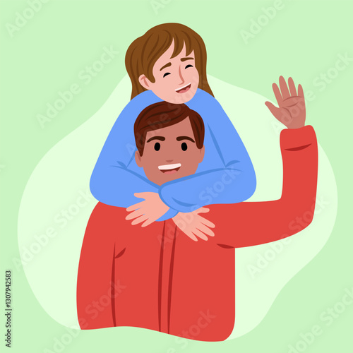 Happy couple piggybacking and waving, embracing love and joy