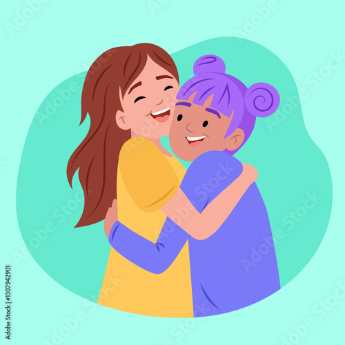 Two happy young girls embracing each other, showing love and friendship