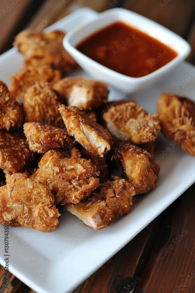 A plate of crispy vegan nuggets made from jackfruit, served with a spicy dipping sauce A plate of crispy vegan nuggets made from jackfruit, served with a spicy dipping sauce