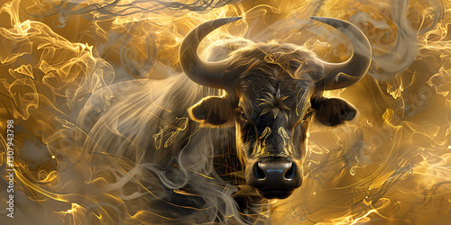 Symbol of Power: A Bull Enveloped in Mystical Golden Smoke
