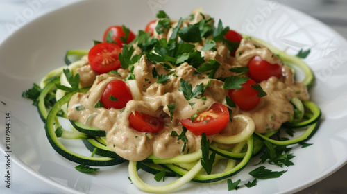 A plate of zucchini noodles with creamy cashew alfredo sauce and cherry tomatoes, garnished with parsley