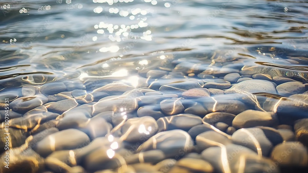 Obraz premium Clear water over smooth river stones, sunlight reflecting.