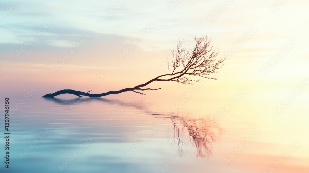 Fototapeta premium Solitary tree branch reflected in calm water at sunset.