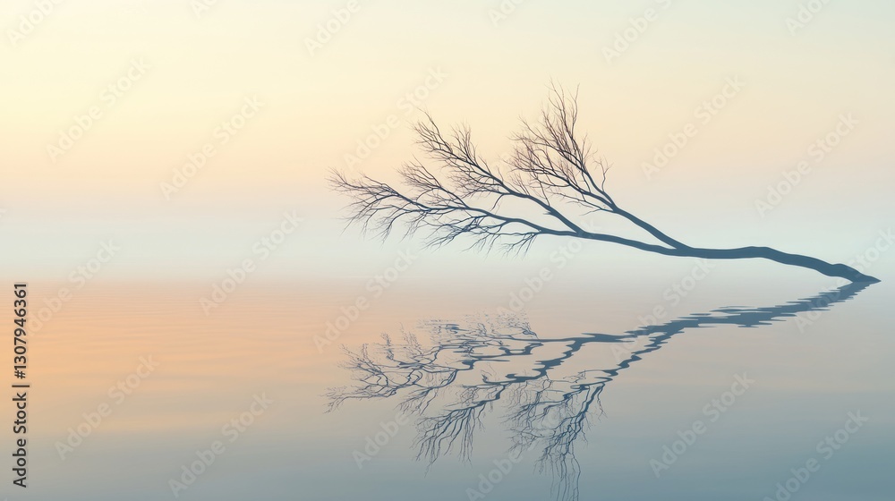 Fototapeta premium Serene sunrise reflection of a bare tree branch in still water.