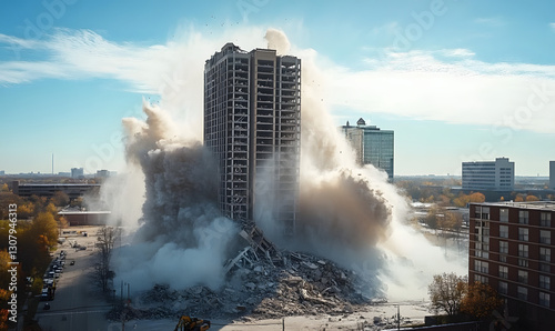 Downtown building demolition by controlled implosion