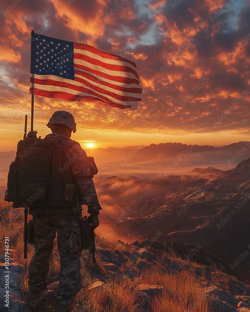 Ultra-Realistic Cinematic Artwork Featuring a Daring Soldier Stood Proudly in Front of the American Flag with Dramatic Sunrise Backdrop, 8K Resolution - 4:5 Aspect Ratio Ultra-Realistic Cinematic Artwork Featuring a Daring Soldier Stood Proudly in Front of the American Flag with Dramatic Sunrise Backdrop, 8K Resolution - 4:5 Aspect Ratio