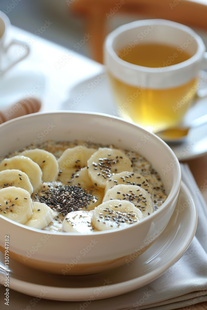 A simple oatmeal bowl with sliced bananas, chia seeds, and a drizzle of honey, served with herbal tea A simple oatmeal bowl with sliced bananas, chia seeds, and a drizzle of honey, served with herbal tea