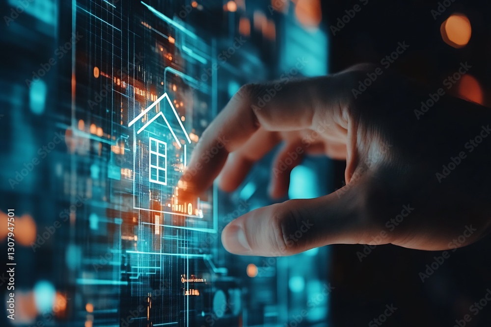 Hand Interacting with Digital Interface for Smart Home Technology Concept : Generative AI Hand Interacting with Digital Interface for Smart Home Technology Concept : Generative AI