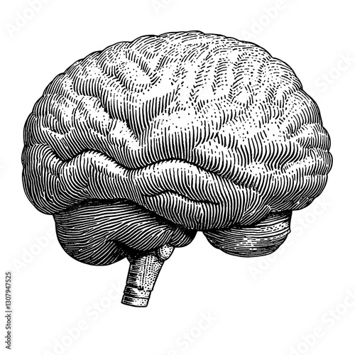 Intricate engraved illustration of a human brain showcasing detailed anatomical features for artistic inspiration