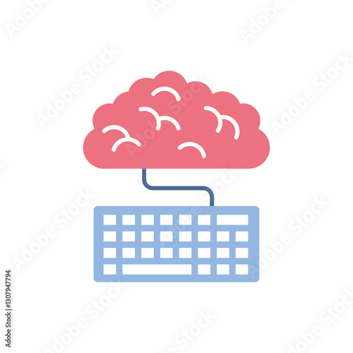 Flat Design Vector Illustration of a Brain Connected to a Keyboard Representing Creativity, Technology, and Artificial Intelligence