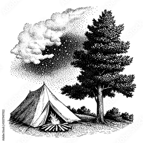 Enchanting night under starlit skies with a cozy campfire and rustic tent in a serene forest setting
