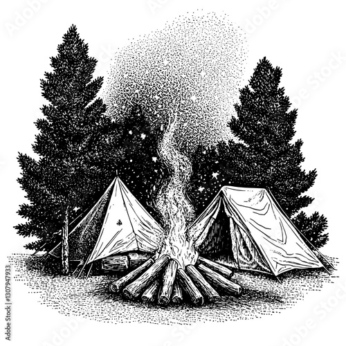 Explore the tranquil beauty of a secluded camping site with a cozy fire under starry skies
