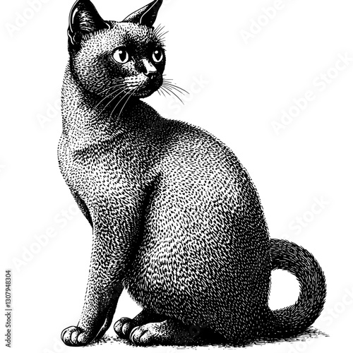 Engraved illustration of a graceful cat with intricate detailing in a minimalist style perfect for tattoo art enthusiasts