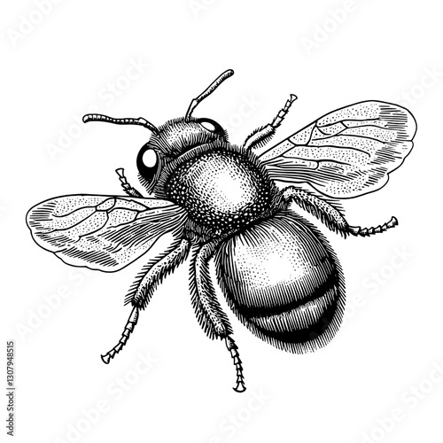 Engraved detailed illustration of a bee showcasing intricate features and natural beauty in dynamic flight