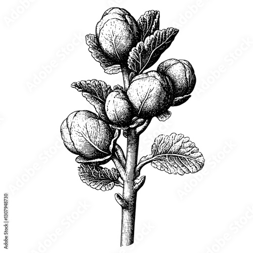 Engraved illustration of a botanical branch with detailed leaves and fruit, perfect for tattoos and artistic inspirations