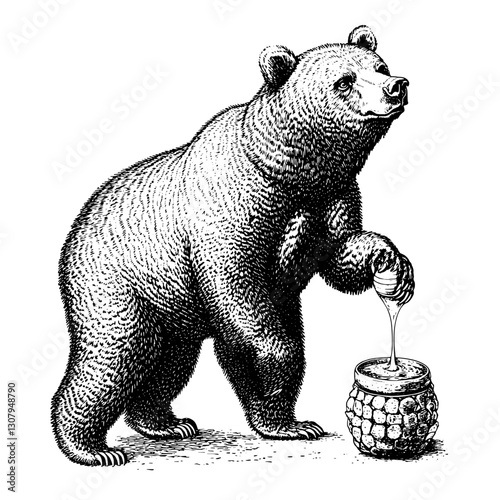 Engraved bear collecting honey from a vintage jar in a whimsical forest setting