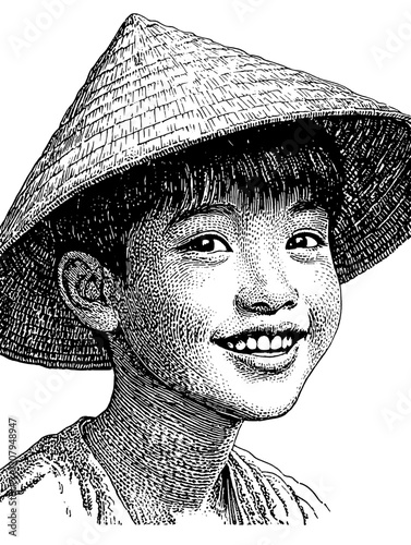 Portrait of a smiling young boy wearing a traditional straw hat showcasing joy and innocence in a rustic village setting