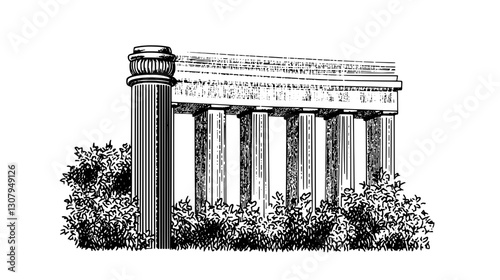 Engraved vector illustration of ornate columns surrounded by lush foliage in a tranquil setting