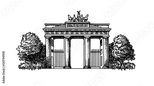 Engraved illustration of a historic gate with lush greenery surrounding it in a timeless artistic style
