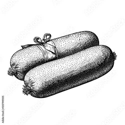 Engraved vector illustration of two sausage links tied with a bow, showcasing intricate detailing and artistic flair