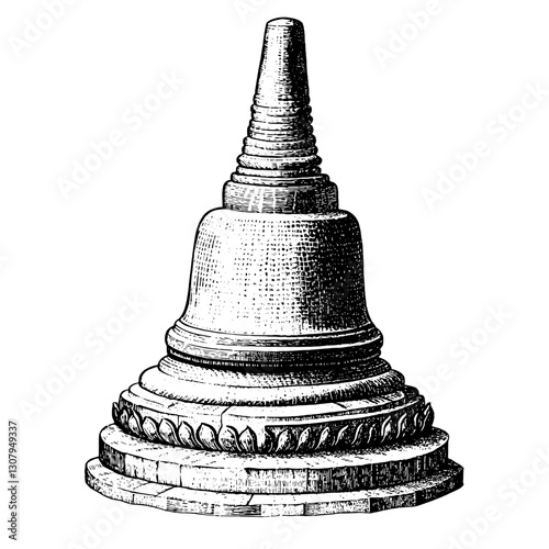 Engraved vector illustration of an intricate stupa design symbolizing tranquility and spiritual journey in tattoo art