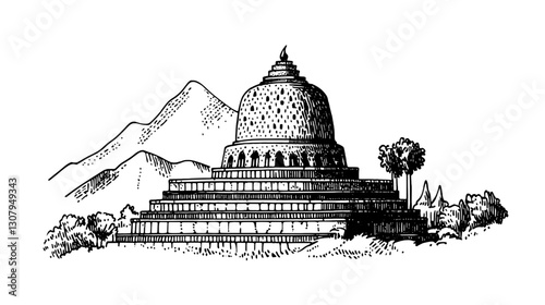 Elegant engraved illustration showcasing an ancient stupa amidst serene mountains and lush nature, evoking a timeless spiritual essence