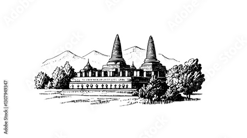 Engraved illustration of a majestic temple with towering spires set against serene mountains and lush trees