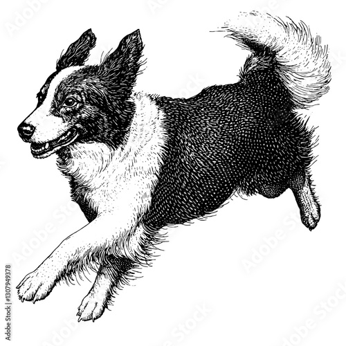 Joyful canine leaps in an engraved tattoo design celebrating a playful and energetic spirit of a dog