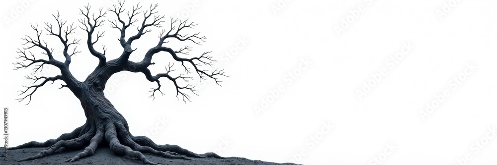 Twisted, skeletal tree, eerie, stark white backdrop, silhouette, art, scary