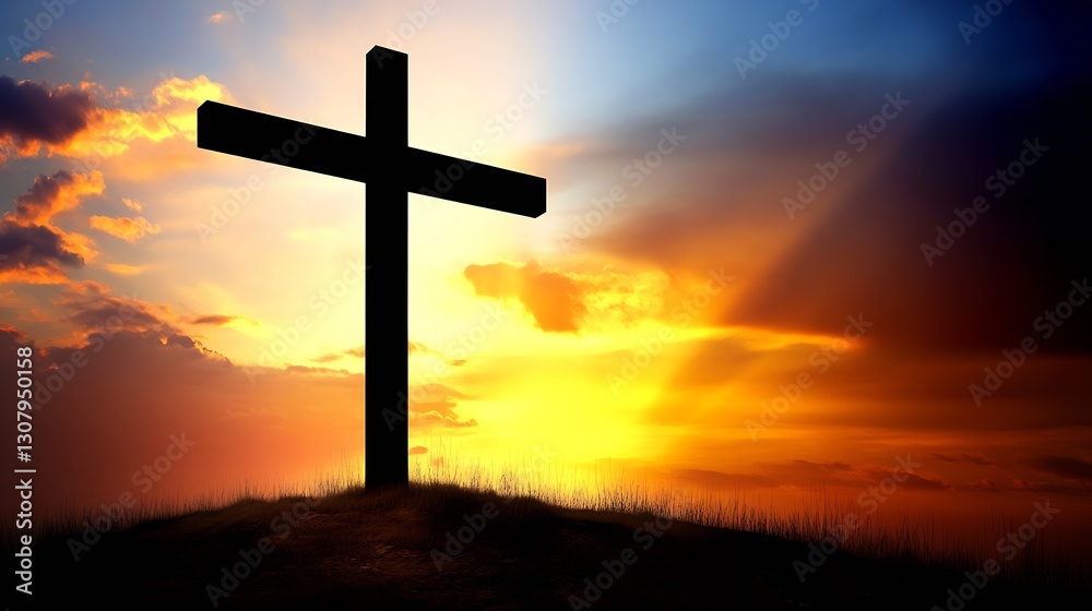 Stunning Evening Sunset Overlooking A Cross Silhouette With Breathtaking Light And Color Display : Generative AI Stunning Evening Sunset Overlooking A Cross Silhouette With Breathtaking Light And Color Display : Generative AI