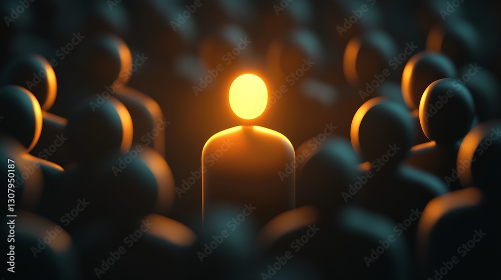 Obraz premium Unique glowing figure amidst a crowd displaying the theme of individuality and leadership in a dark setting : Generative AI
