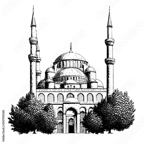 Engraved illustration depicting a grand historical mosque surrounded by lush trees and elegant minarets in intricate vector art style