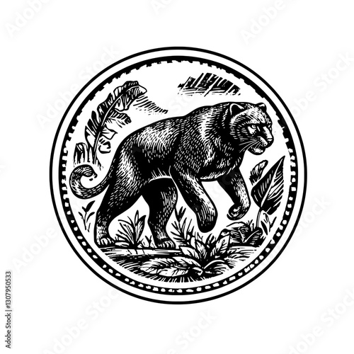 Engraved illustration of a mighty feline, representing strength and nature's beauty in an artistic tattoo design