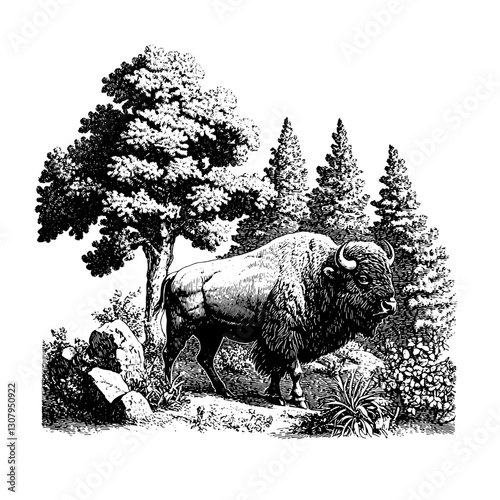 Engraved illustration of a majestic bison roaming through a serene forest landscape during a peaceful afternoon
