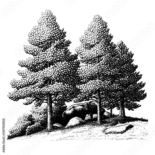 Engraved illustration of majestic pine trees and a bear resting among nature's tranquility in a serene forest setting