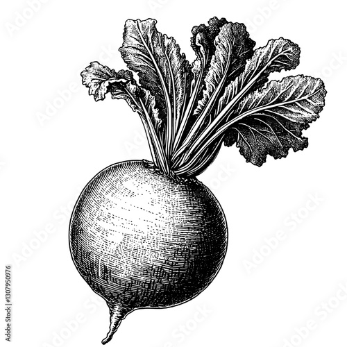 Intricate engraved illustration of a radish with detailed leaves, capturing the essence of botanical artistry in a unique vector design