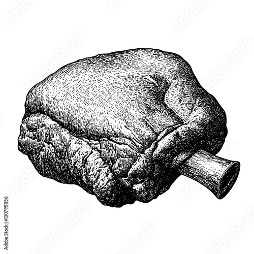 Engraved illustration of a detailed and artistic representation of a vintage tobacco pouch