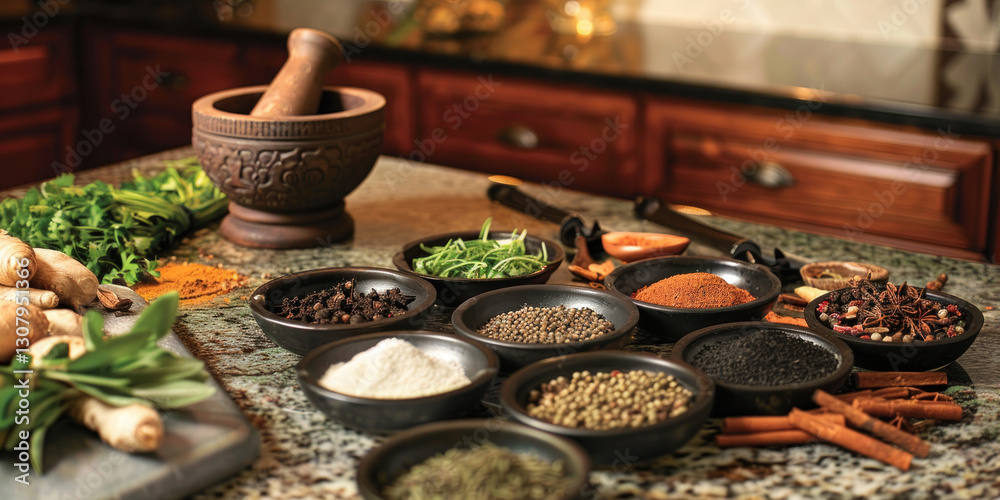 Fototapeta premium A vibrant spread of spices and herbs laid out on a kitchen counter, with mortar and pestle nearby