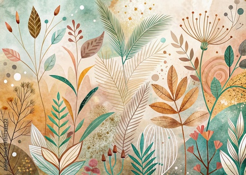 Abstract Plant Doodles Boho Art Background: Whimsical Floral Design for Print & Web