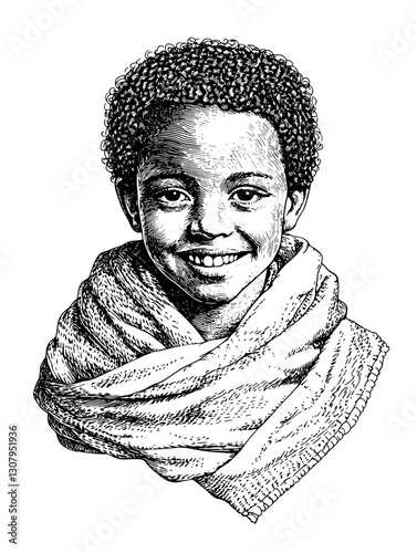 Smiling child in a traditional scarf captured in a detailed engraved illustration showcasing cultural authenticity and warmth