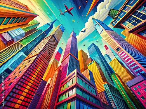 Abstract Pop Art Skyscraper Wallpaper: Vibrant Geometric Cityscape