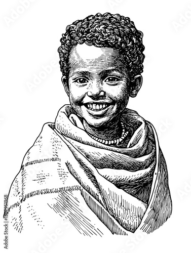Engraved illustration showcasing a joyful young child wrapped in traditional attire with a vibrant smile