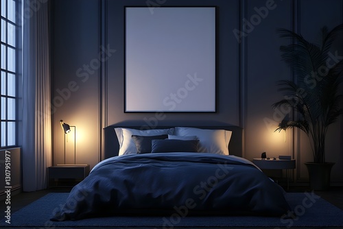 Blank white poster mockup in a cozy bedroom. 3D rendering