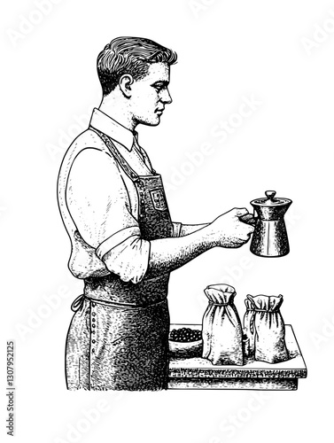Engraved illustration of a barista preparing coffee with artisanal style in a vintage setting